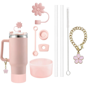 Kit de Acessórios para Copos Stanley - 9 Pç com Tema Floral Branco