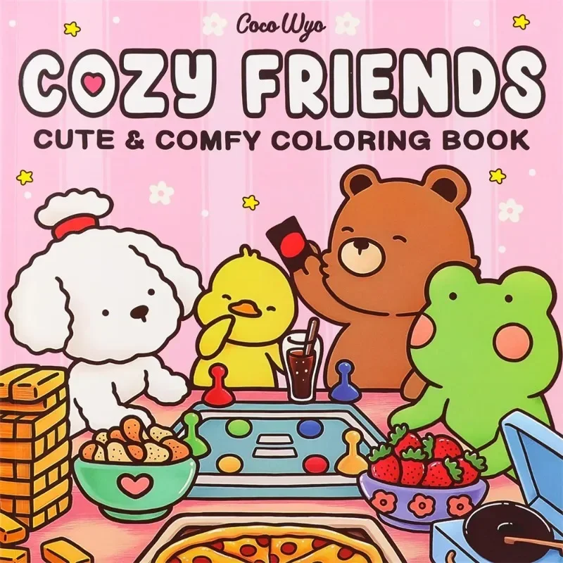 Livro de colorir “Cozy Friends” com tema fofo