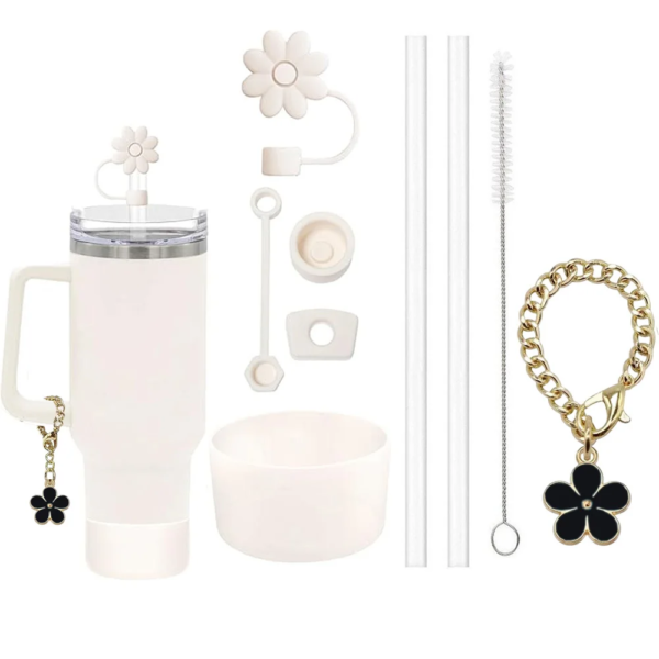 Kit de Acessórios para Copos Stanley - 9 Pç com Tema Floral Branco - Imagem 4