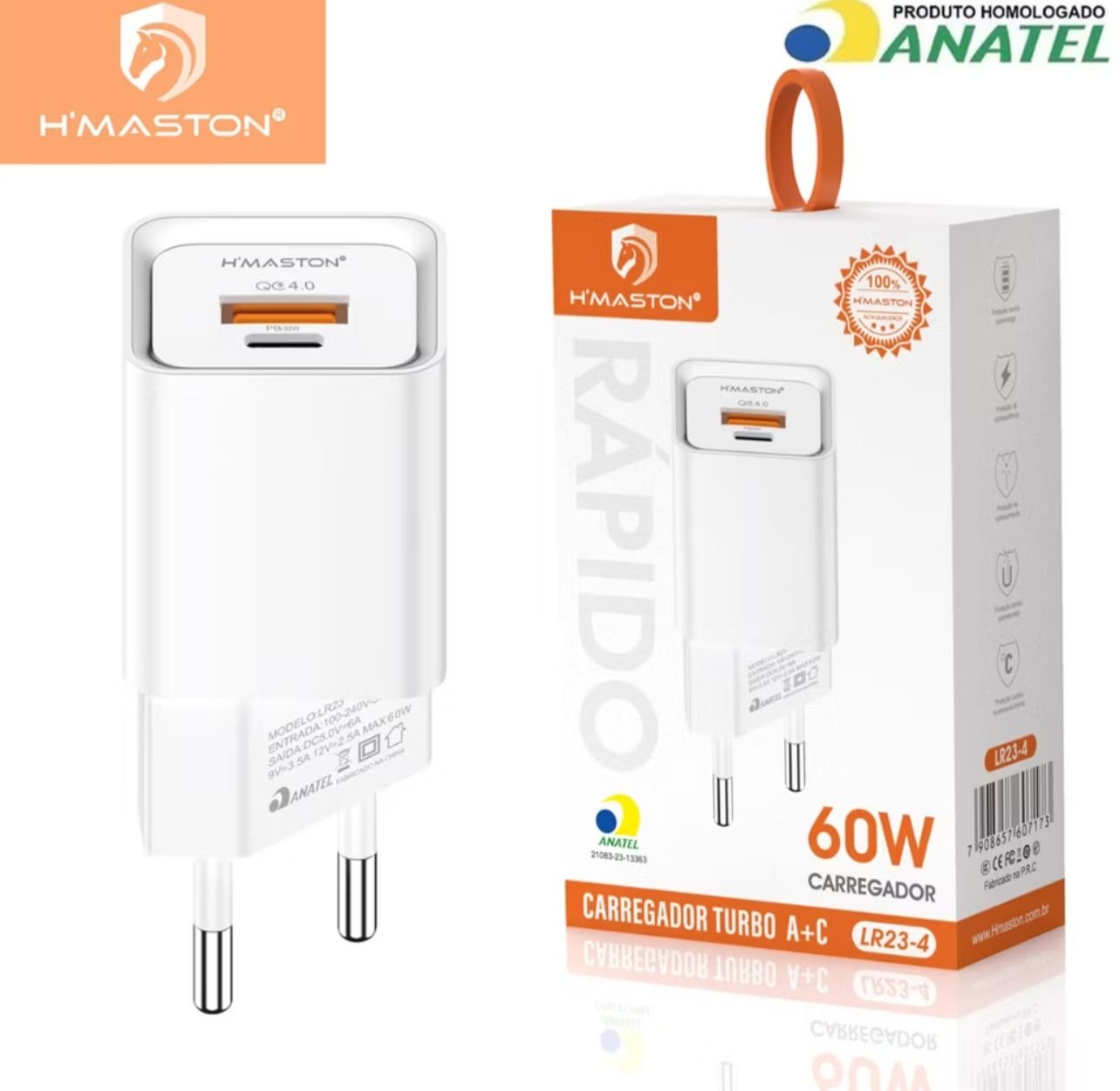 Carregador H'maston Turbo 60W A+C com Certificação Anatel