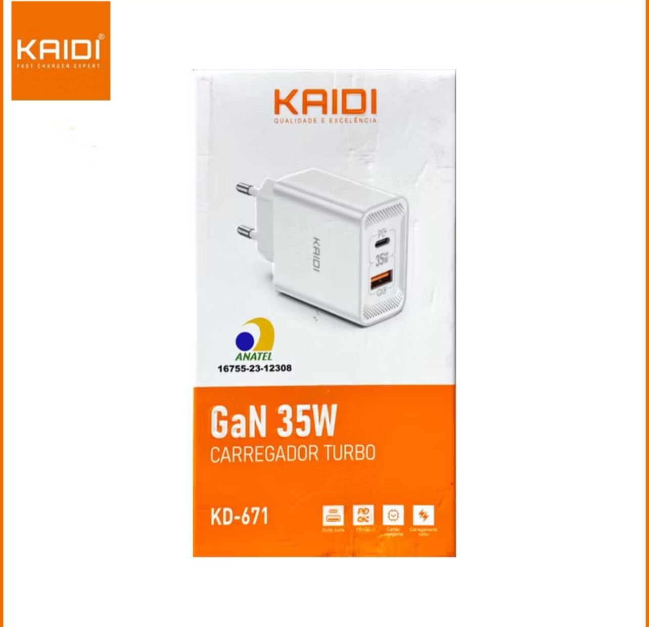 Carregador Turbo Kaidi GaN 35W com Duas Saídas – Modelo KD