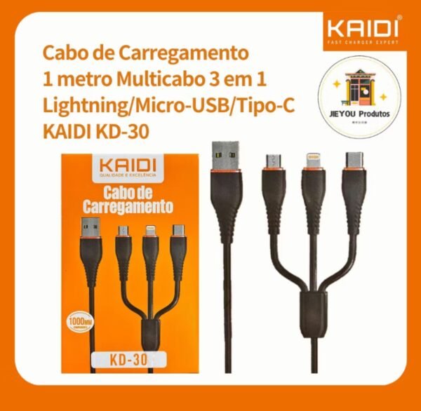 Cabo de Carregamento 3 em 1 KAIDI KD-30 1 Metro